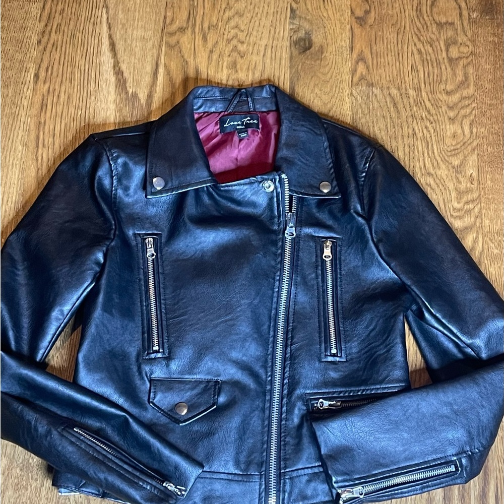 Love Tree Black Leather Jacket with Red Lining
